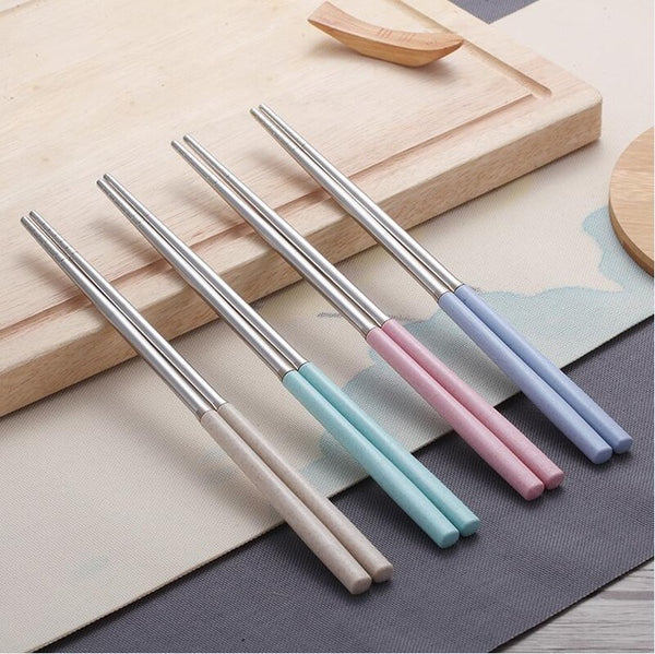 4 Pairs Wheat Straw Handle Stainless Steel Chinese Chopsticks
