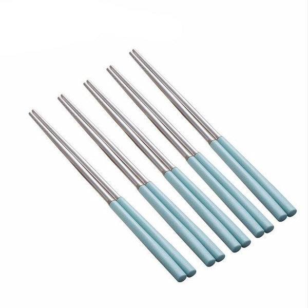 4 Pairs Wheat Straw Handle Stainless Steel Chinese Chopsticks